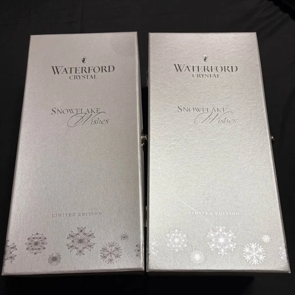 Waterford Snowflake Wishes Courage Crystal Champagne Flutes Pair Unused w/ Box